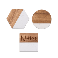 Load image into Gallery viewer, &quot;Create Your Mark&quot; - White Marble &amp; Acacia Wood Coasters